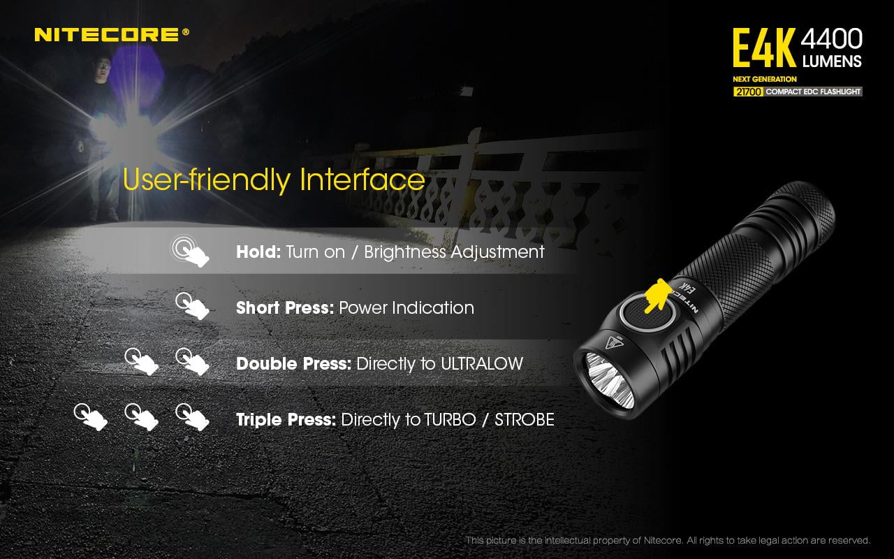 Combo: NITECORE E4K Next generation Flashlight - 4400 Lumens w/Tiki Mini Keychain Lamp -300 Lumens