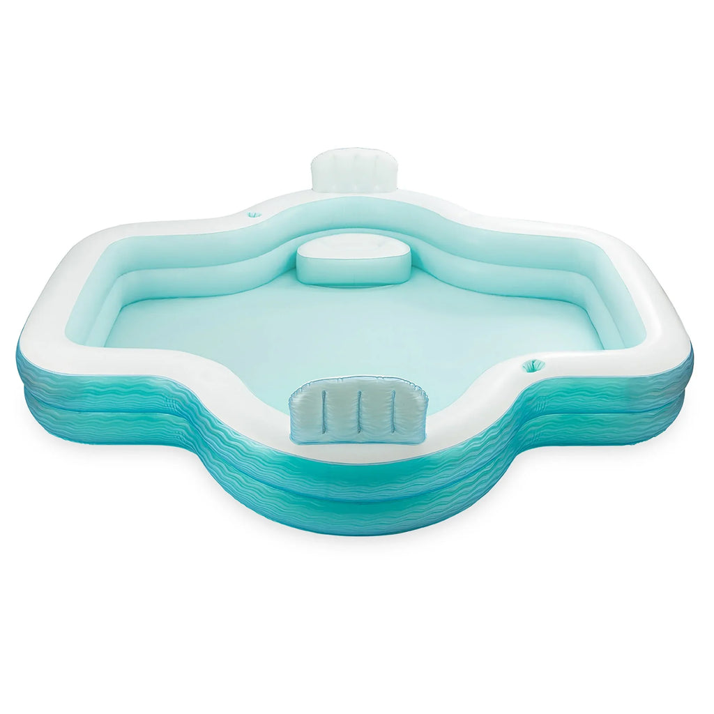 Stylish Funsicle: Shimmer Party Pool - 10ft Inflatable Lounge Pool, Teal & White, 120x110x18", Cup Holders, Comfortable Backrests, Outdoor Family Pool