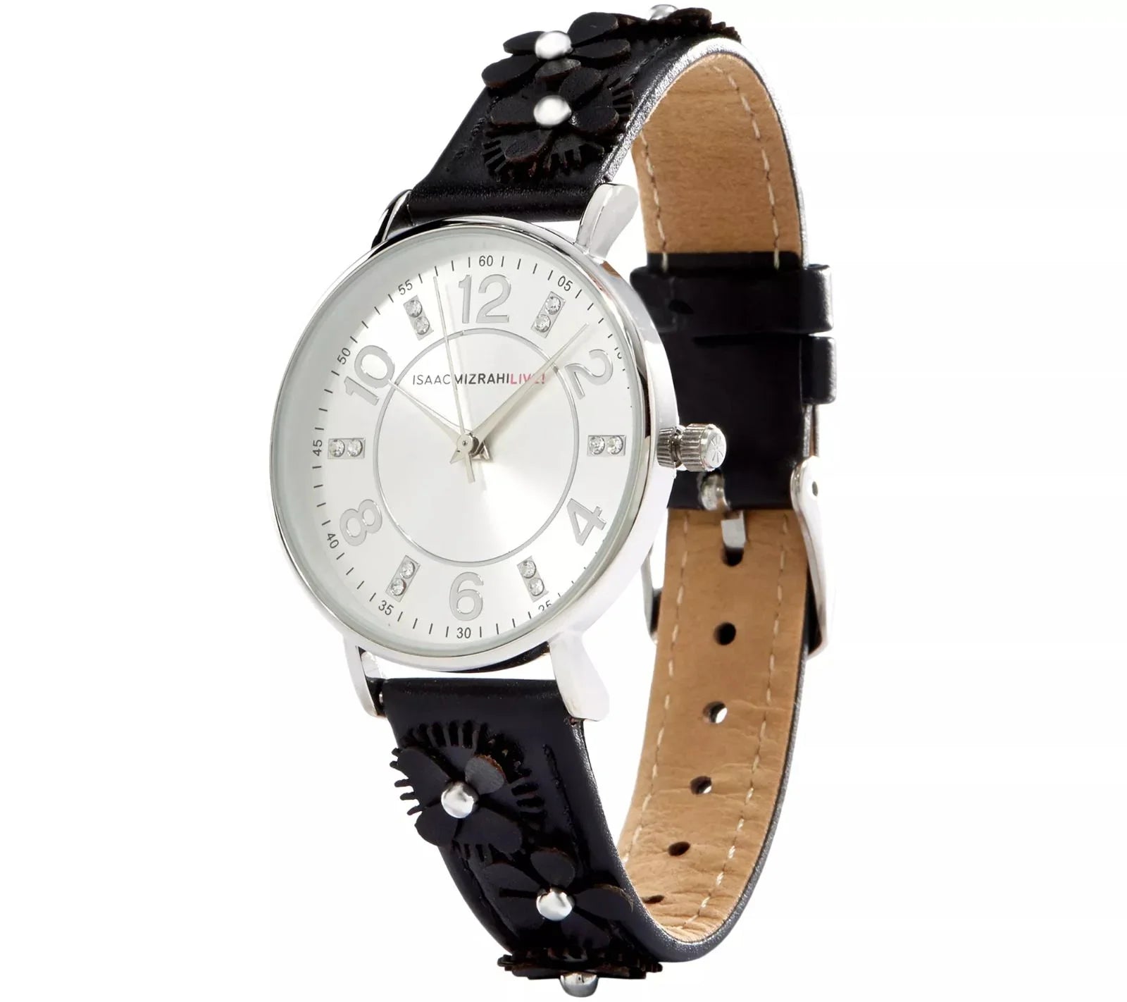 Isaac Mizrahi Live Black Floral Leather Strap Watch 5"-7-1/4" SilverTone - Exclusive Design
