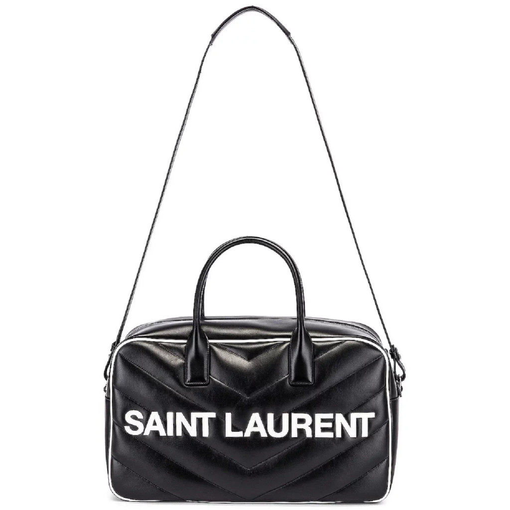 New Saint Laurent Miles Logo Black Calf Leather Duffel Bowling Bag 525145
