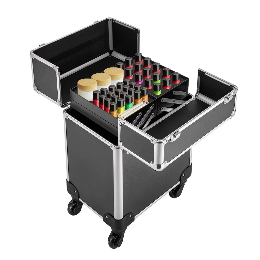 Stylish Rolling Lockable Makeup Train Case Hairdresser Trolley, Stylist Beauty Nail Salon Barber Case Cosmetic Luggage Travel Trunk Cart Organizer Tool Box with Swivel Wheels (Black)