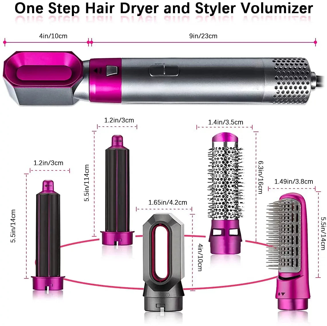 5-in-1 Electric Hair Dryer Brush - Negative Ionic Hair Styler with Detachable Brush Heads - Blow Dryer Brush for Straightening and Automatic Curling Styling, Color: GreyRed