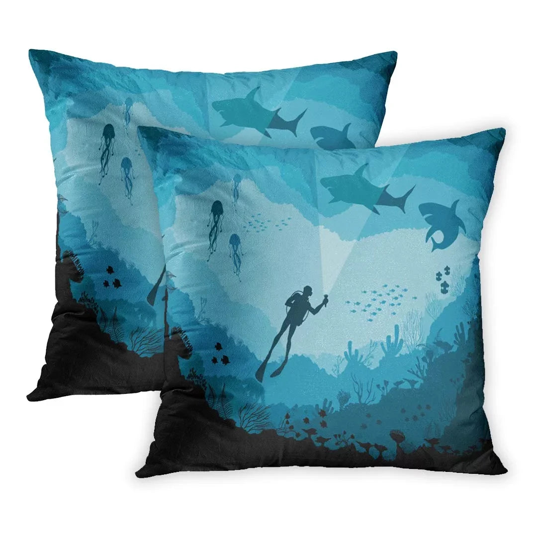 ECCOT Blue Sea Divers and Sharks Reef Underwater Wildlife Under Adventure Aquatic Big PillowCase Pillow Cover 16x16 inch Set of 2