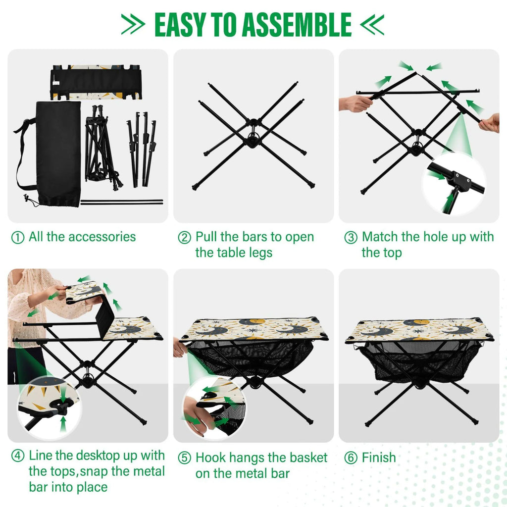 Stylish Sun Moon and Stars Camping Folding Table Portable Beach Table with Storage Bag Compact Picnic Table for Outdoor Travel Fishing BBQ