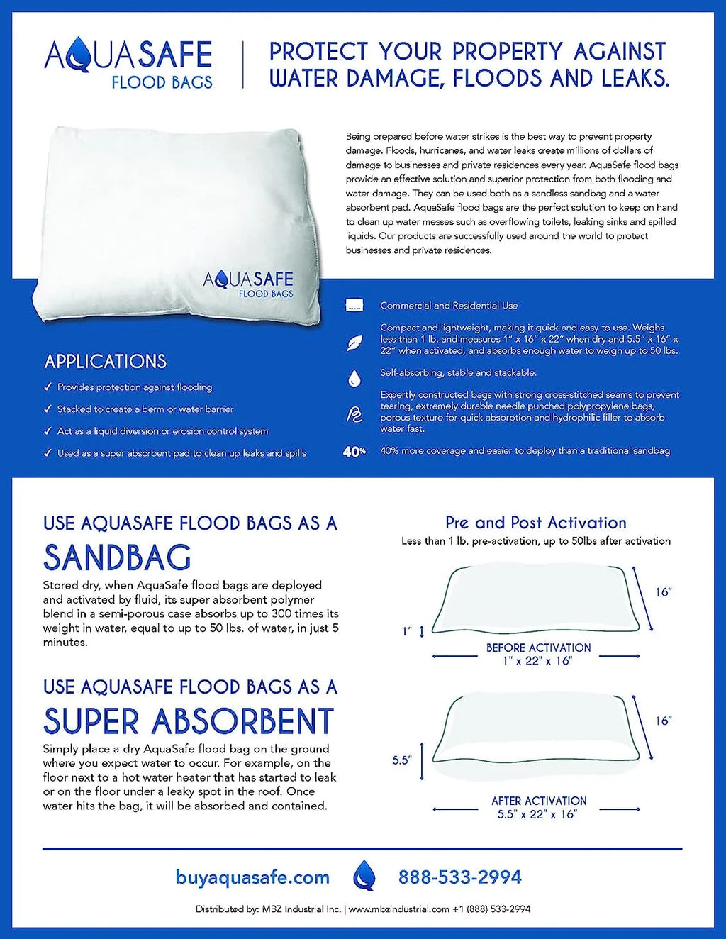 Aquasafe Sandless Sandbag,22 in L,16 in W,PK20 AS20-FB