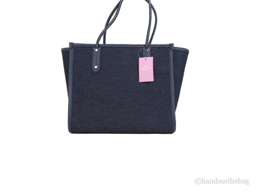 Stylish Kate Spade Ella Large Blue Multi Denim Fabric White Logo Shoulder Tote Handbag