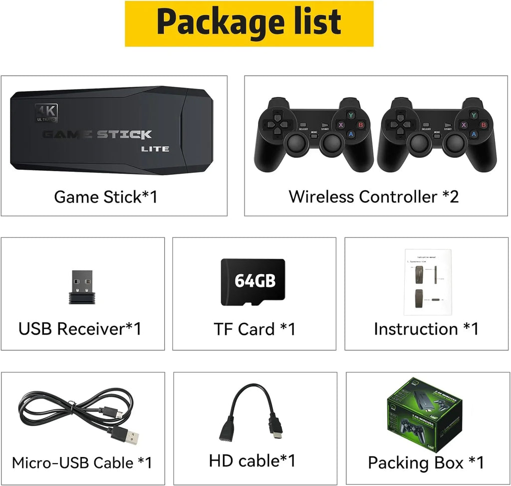 Stylish Game Stick 64G, 25,000+ Retro Games, Compatible with 12 Emulator Console, Wireless Retro Game Console Support 4K HD Output, Plug and Play Video Games for TV, 2.4G Wireless Controllers