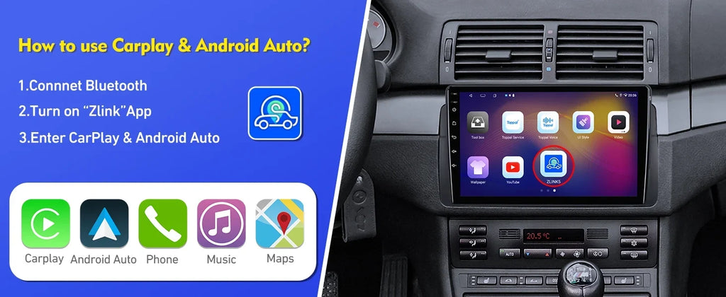 Stylish 6+128G 9-inch Android 12 Double Din Car Stereo for BMW E46/M3/318/320/325/Rover 75/MG ZT Touchscreen Screen QLED Car Radio with Carplay Android Auto SWC Support Backup Camera