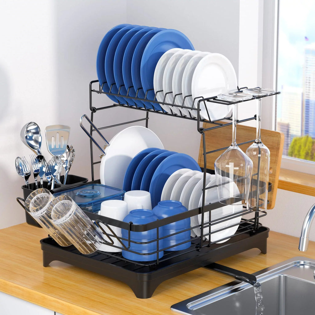 2 Tier Dish Drying Rack for Kitchen Counter, Extra Large Black - Exclusive Design