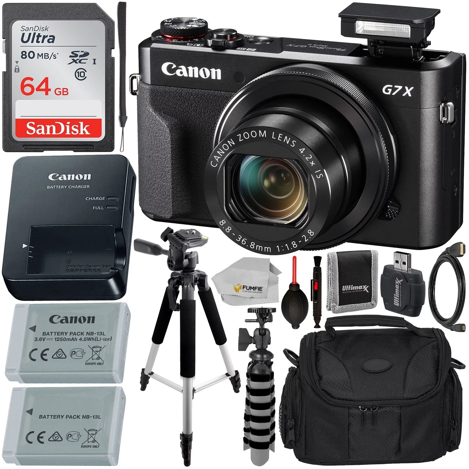 Stylish Canon PowerShot G7 X Mark II Digital Camera (Black) with Essential Accessory Bundle - Includes: SanDisk Ultra 64GB SDXC Memory Card, Extended Life Replacement Battery, Tripod, Carrying Case & More