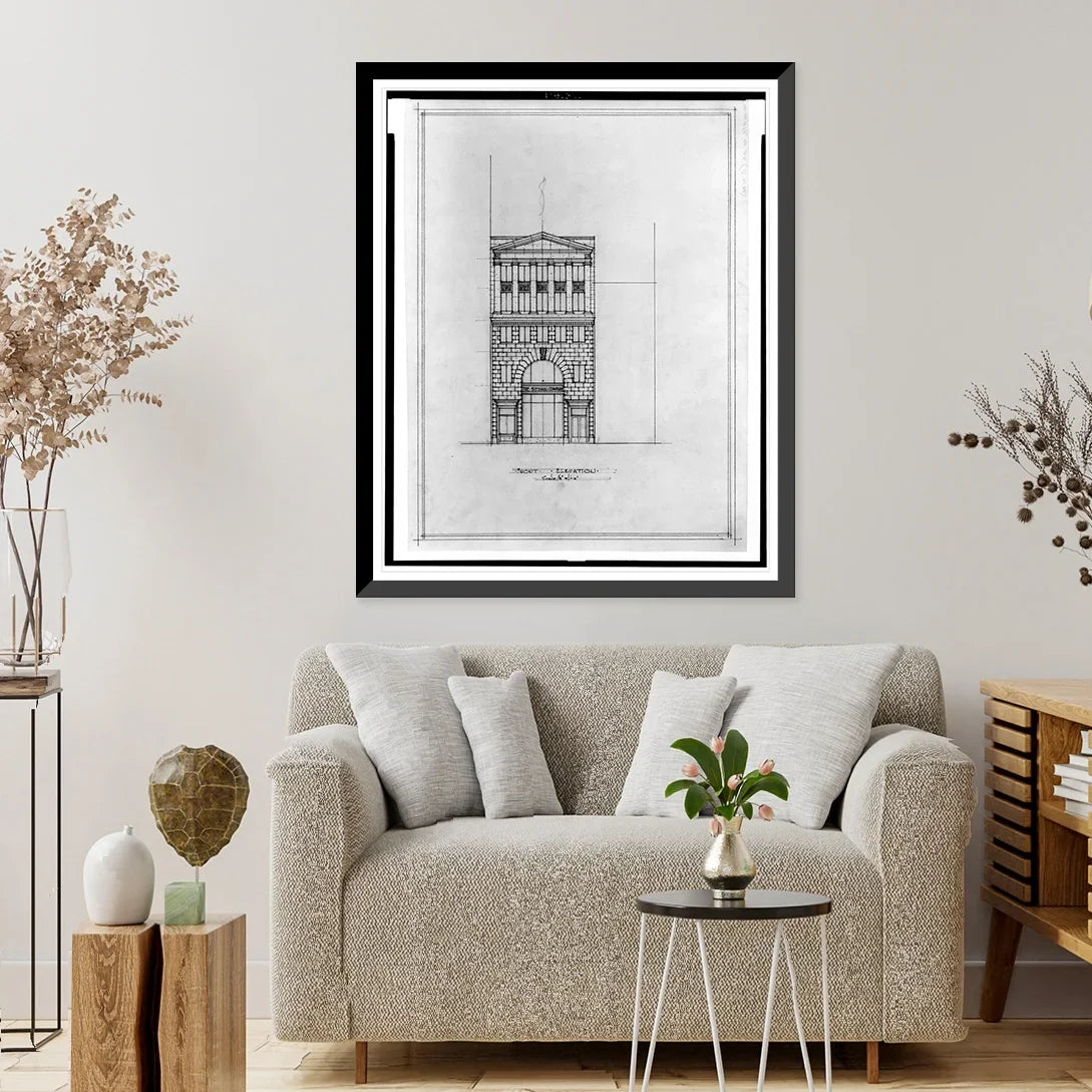 Historic Framed Print, [Two office buildings for B.F. Saul (15th Street, N.W., Washington, D.C.). Front elevation] - 2, 17-7/8" x 21-7/8"