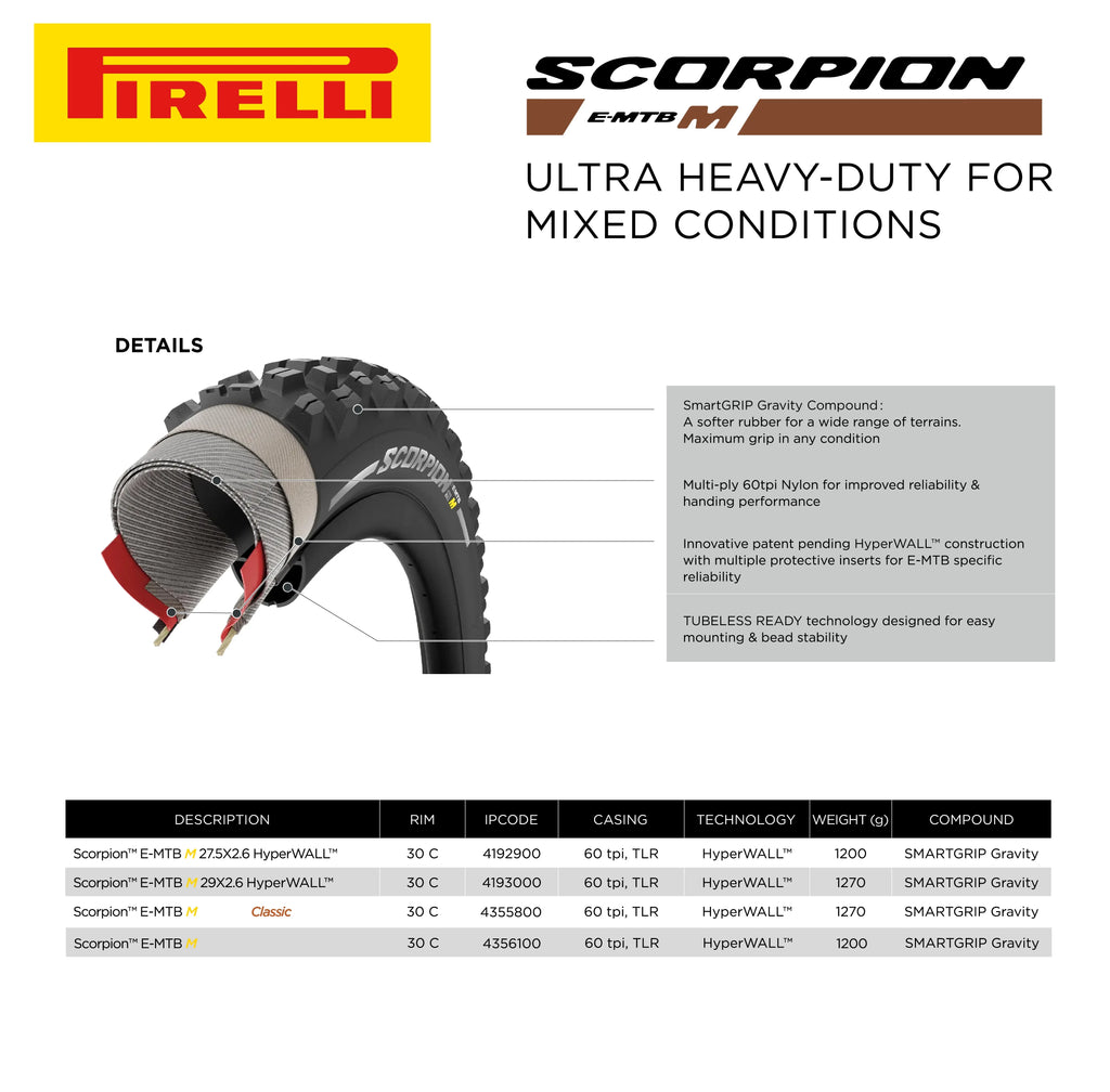 Pirelli Scorpion E-MTB M 27.5 x 2.6 Mountain Bicycle Tire, Versatile E-Mountain Bike Tire for Trail and Enduro Use, Mixed Terrain, E-Bike MTB, Tubeless Ready Clincher TLR + SmarTUBE 23/32-622