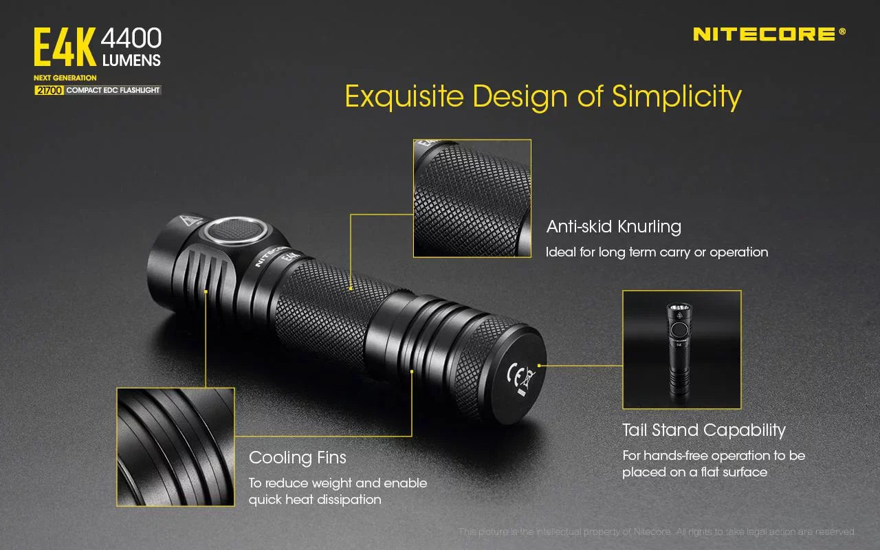 Combo: NITECORE E4K Next generation Flashlight - 4400 Lumens w/Tiki Mini Keychain Lamp -300 Lumens