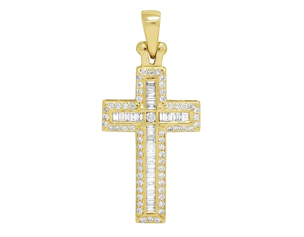 Stylish 14K Yellow Gold Diamond Baguette Cross 1.25" 0.4CT