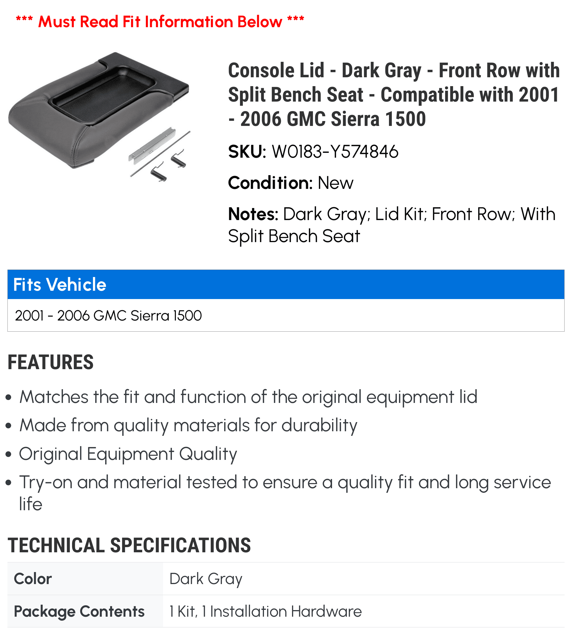 Console Lid - Dark Gray - Front Row with Split Bench Seat - Compatible with 2001 - 2006 GMC Sierra 1500 2002 2003 2004 2005