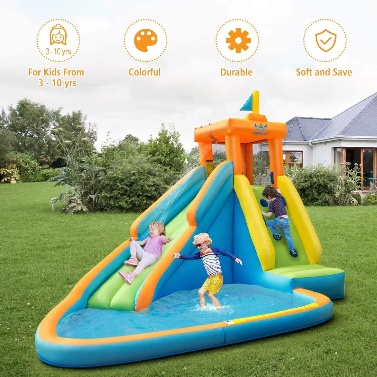 Stylish Inflatable Water Slide, Hippo Themed Water Slides for Kids Backyard w/Long Slide, 740w Blower, Splashing Pool, Water Cannon, Indoor Outdoor Blow up Giant Water Park for Big Kids and Adults