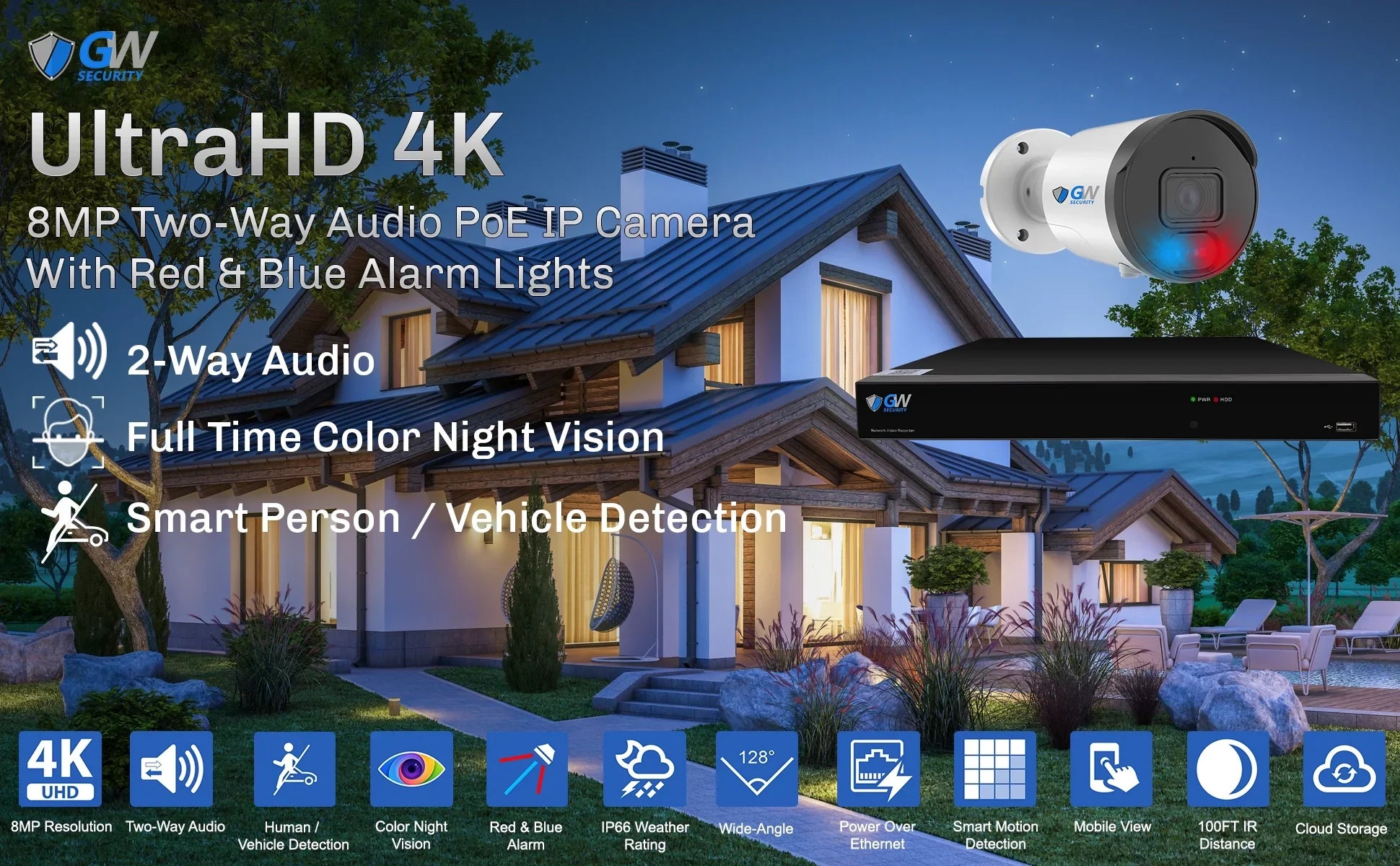 GW Security 32 Channel NVR UltraHD 4K Full-Time Color Night Vision PoE Security Camera System with (32) 8MP Two-Way Audio PoE Outdoor Cameras, AI Human & Cars Detection with Alarm Lamps