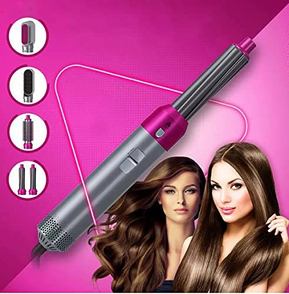 5-in-1 Electric Hair Dryer Brush - Negative Ionic Hair Styler with Detachable Brush Heads - Blow Dryer Brush for Straightening and Automatic Curling Styling, Color: GreyRed