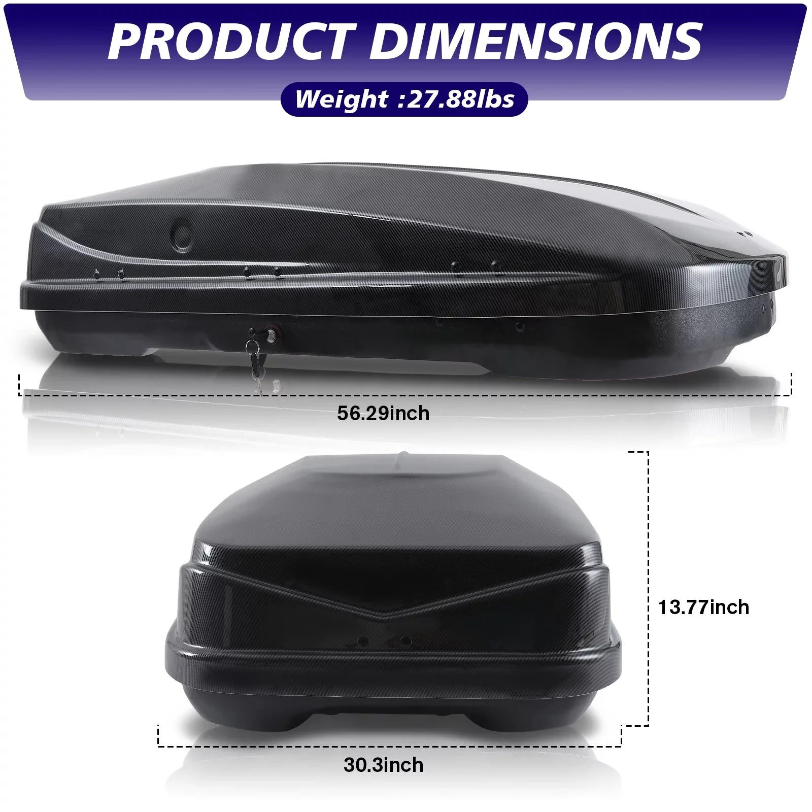 Large Rooftop Cargo Carrier Hard Shell Rooftop Cargo Box with Double Locks, 13 ftÂ³ Waterproof Cargo Box for SUV Rooftop 56.3" L x 30.3" W x 13.8" H, Carbon Fibre Grain