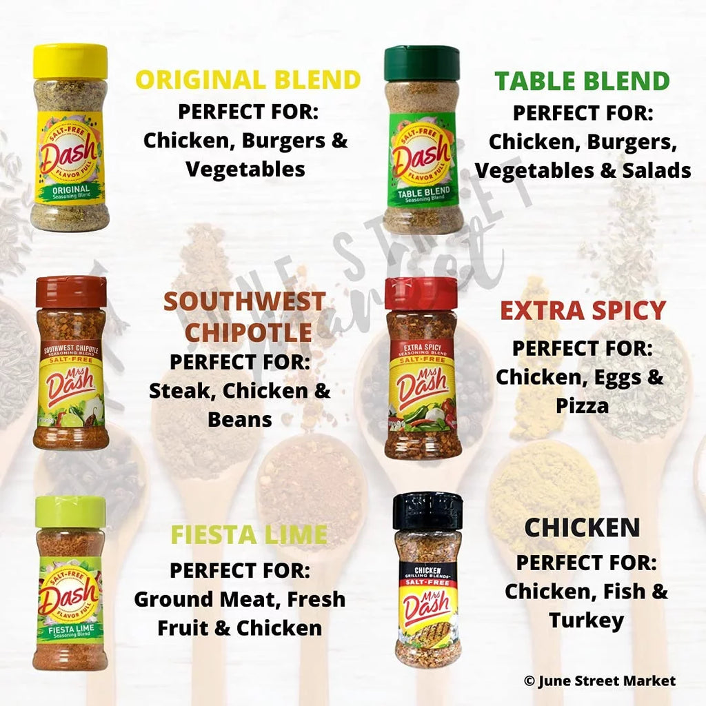 Mrs. Dash No Salt Seasonings Blend Variety New Starter Set - 12 Flavors (28.8 oz Total) with Blank June Street Market Recipe Card - Exclusive Design