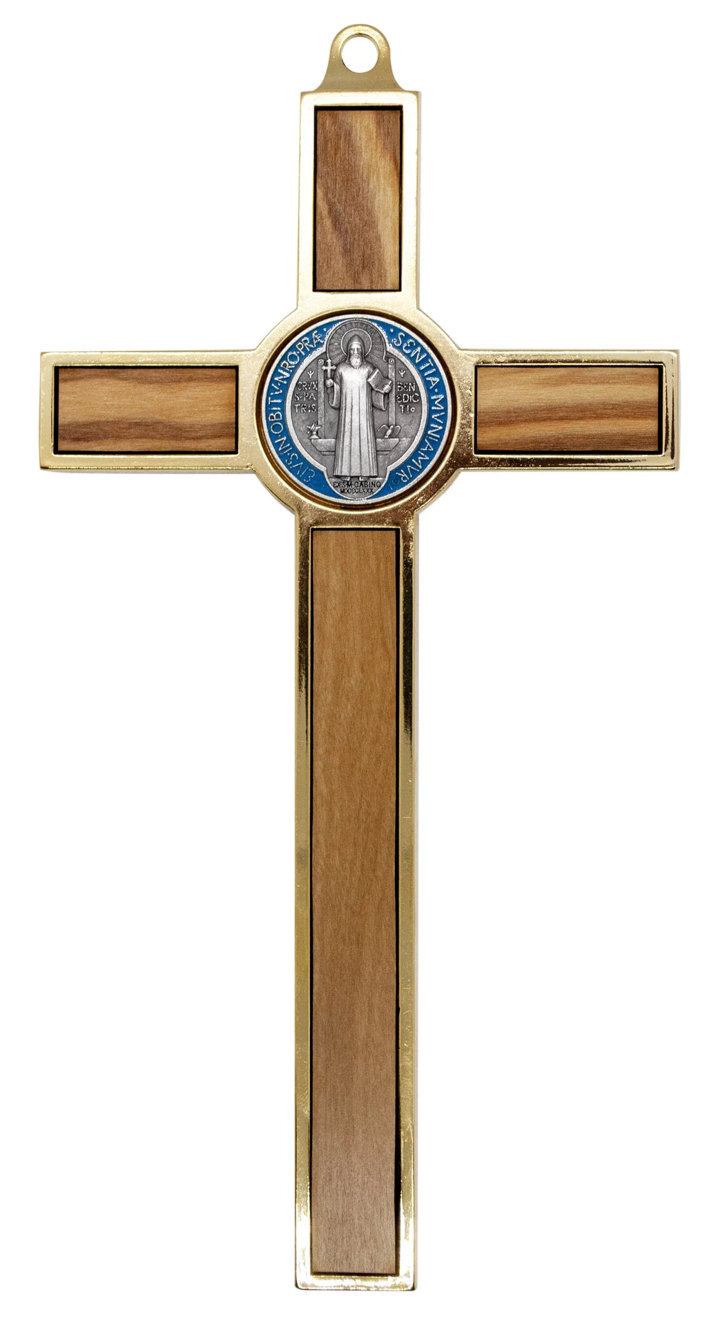Stylish 7.75" Gold-Tone St. Benedict Crucifix with Wood Inlays and Colored Medal