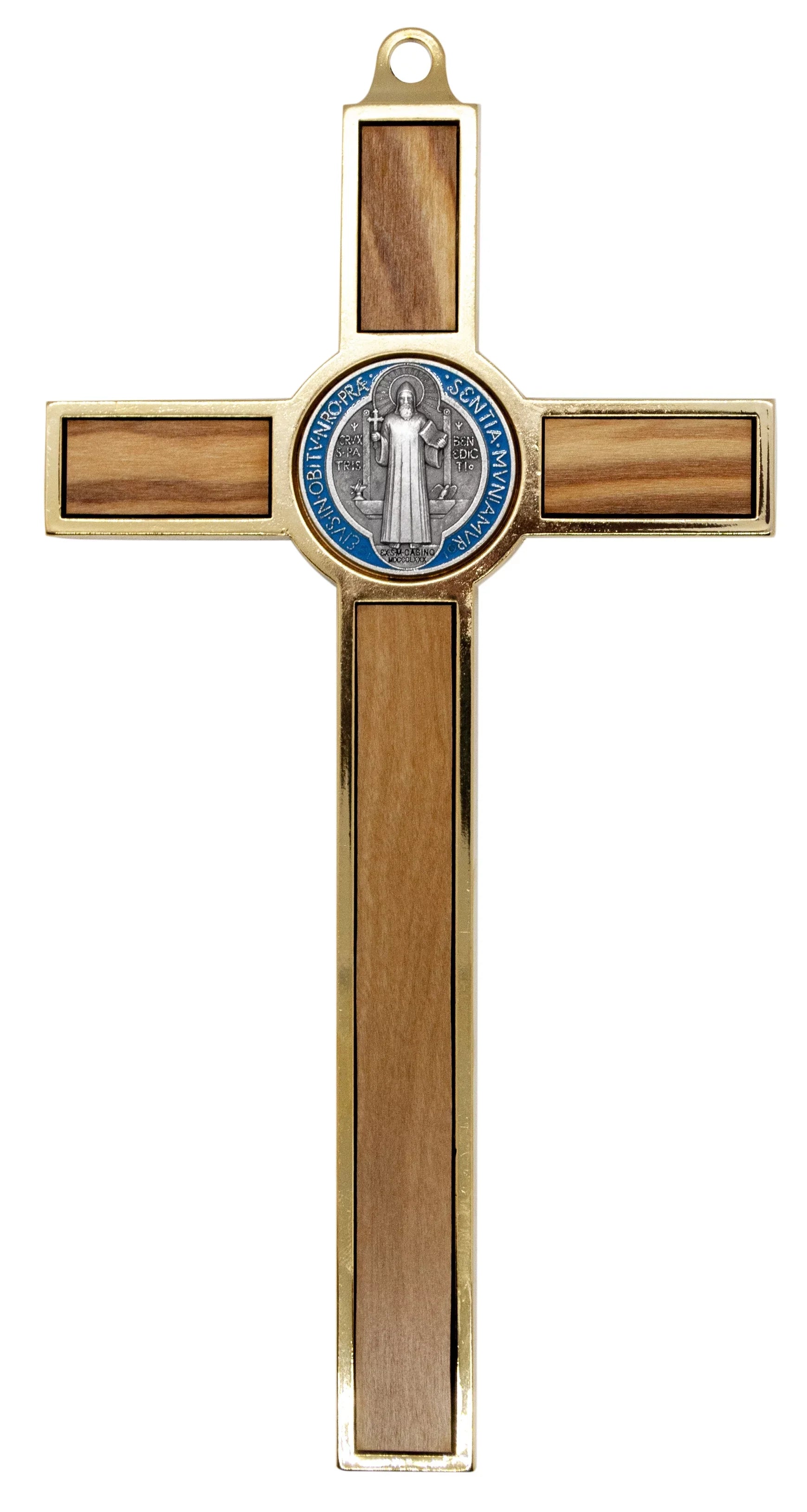 Stylish 7.75" Gold-Tone St. Benedict Crucifix with Wood Inlays and Colored Medal