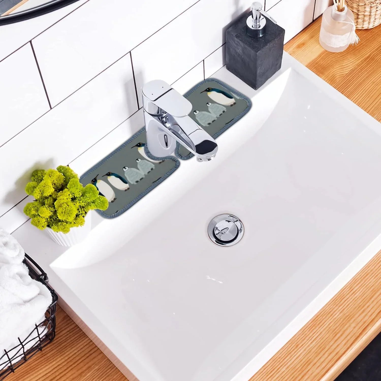 Stylish Bestwell 3PCS Faucet Absorbent Mat, Sea Bird Penguin Washable Sink Splash Guard Drip Catcher, Kitchen Bath Countertop Sinkmat Microfiber Drying Mats