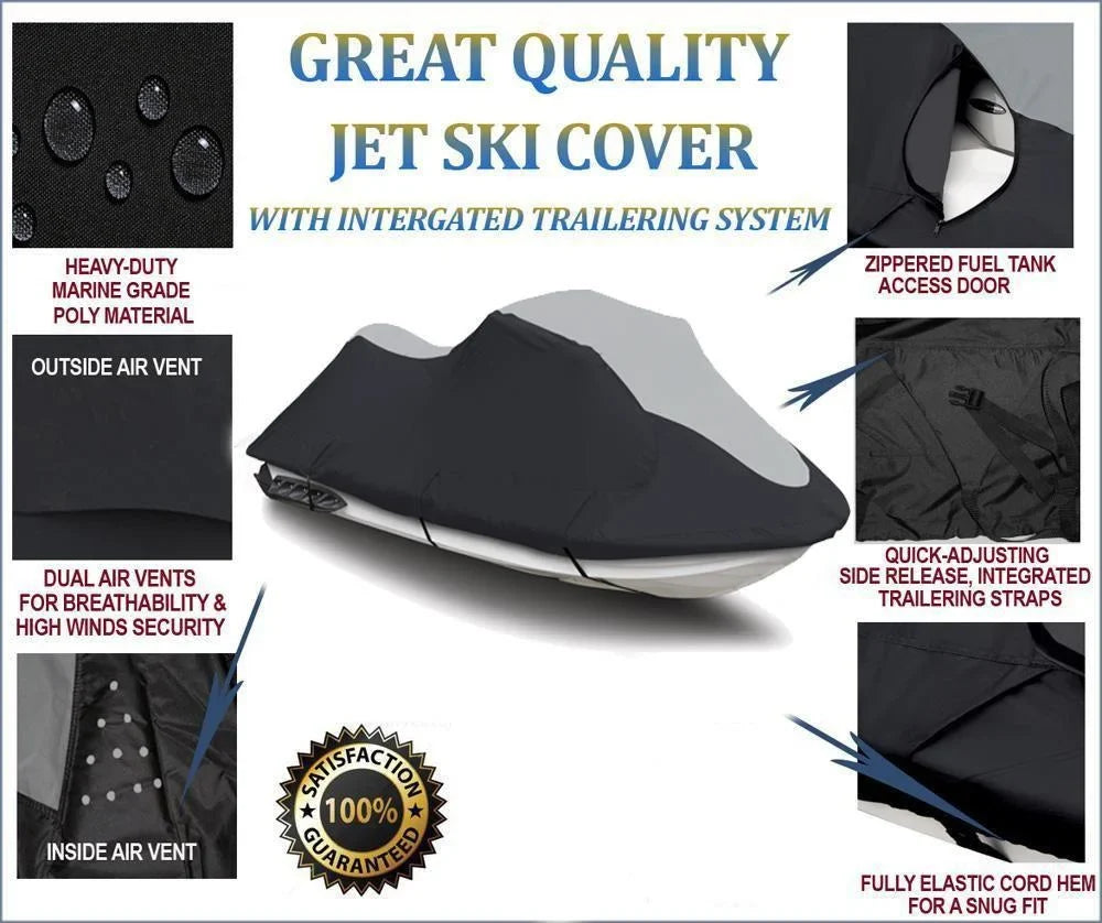 SUPER HEAVY-DUTY PWC 600D JET SKI Cover Compatible for Sea Doo Sea-Doo 1996-2002 GTX Jet Ski Watercraft Cover Black/Grey