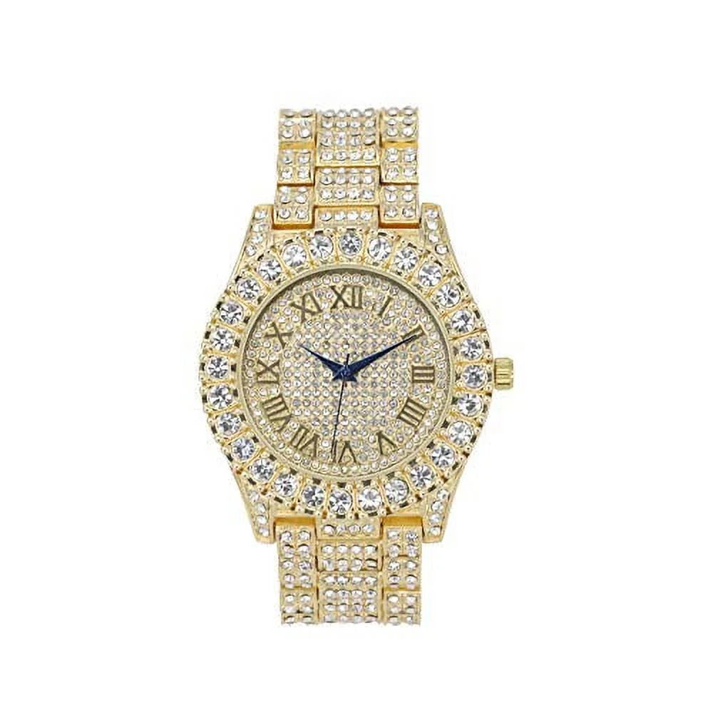 Bling'ed Out King and Queen Hip Hop Watch Set Perfect for Power Couples to Flaunt On and Off The Dance Floor - ST10325/ST10364 His&Hers(ST10327Gld Gld) - Exclusive Design