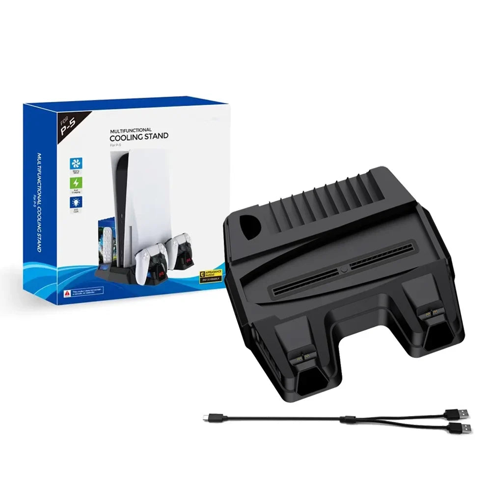 Stylish PS5 Cooling Stand Base with Charging, Disc Storage, and Multi-Functional Fan - Enhanced Cooling and Charging Dock for PlayStation 5 Digital and Disc Versions Console-Black
