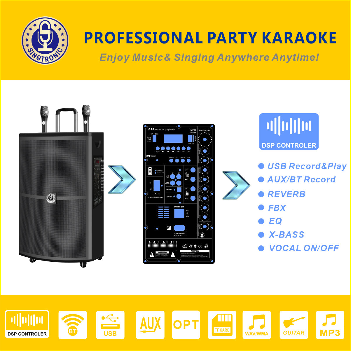 Singtronic BT-1500DSP Professional Rechargeable DSP 15" Karaoke Speaker With 2 UHF Wireless Mic.