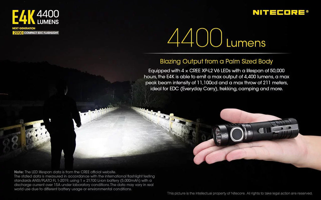 Combo: NITECORE E4K Next generation Flashlight - 4400 Lumens w/Tiki Mini Keychain Lamp -300 Lumens