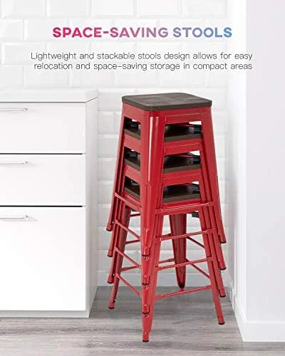 NLTBONNIE 24 Inches Metal Stools Set of 4 Counter Height Wood Seat Barstool Patio Stool Stackable Backless Stool Indoor Outdoor Metal Kitchen Stools Chairs (Red) - Exclusive Design