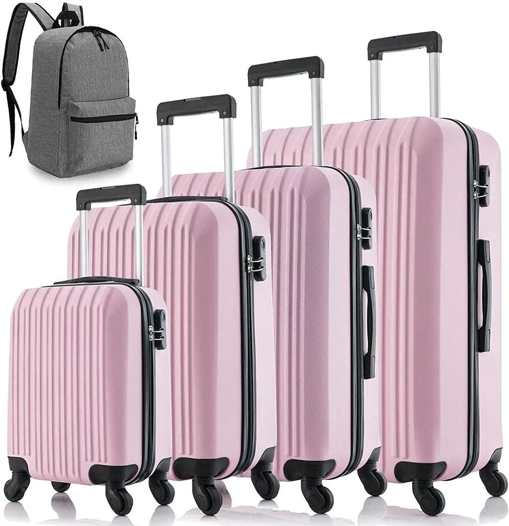 5 Piece Set Luggage Sets Suitcase ABS Hardshell Lampweight Spinner Wheels (16/20/24/28 inch) Pink