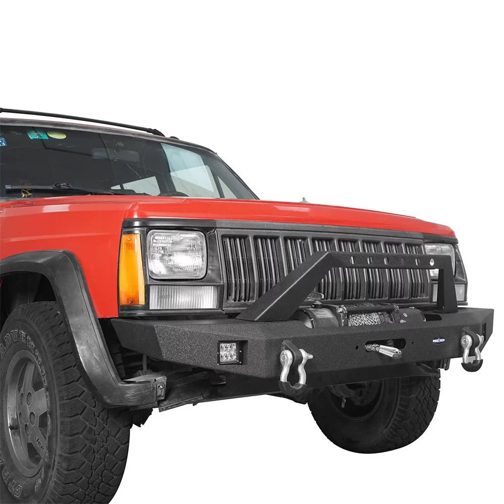 Hooke Road Fit Jeep Cherokee XJ 1984-2001 Steel Front Bumper W/ LED Spotlights & Winch Plate
