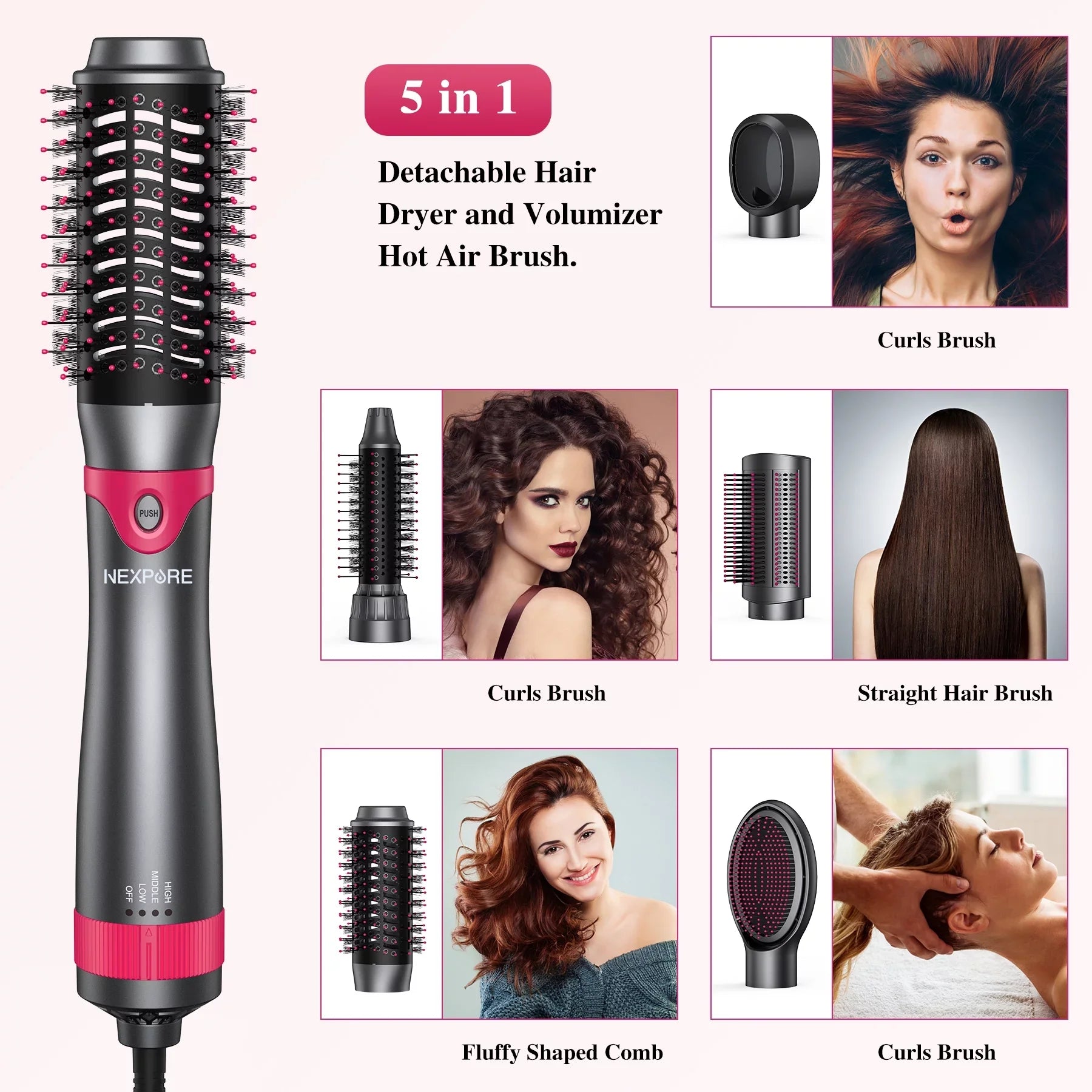 Stylish NEXPURE 5 in 1 Multifunctional Hair Dryer Styling Tool, Detachable Salon 5-in-1 Multi-Head Hot Air Comb,Negative Ion Automatic Suction Hair Curler for Women