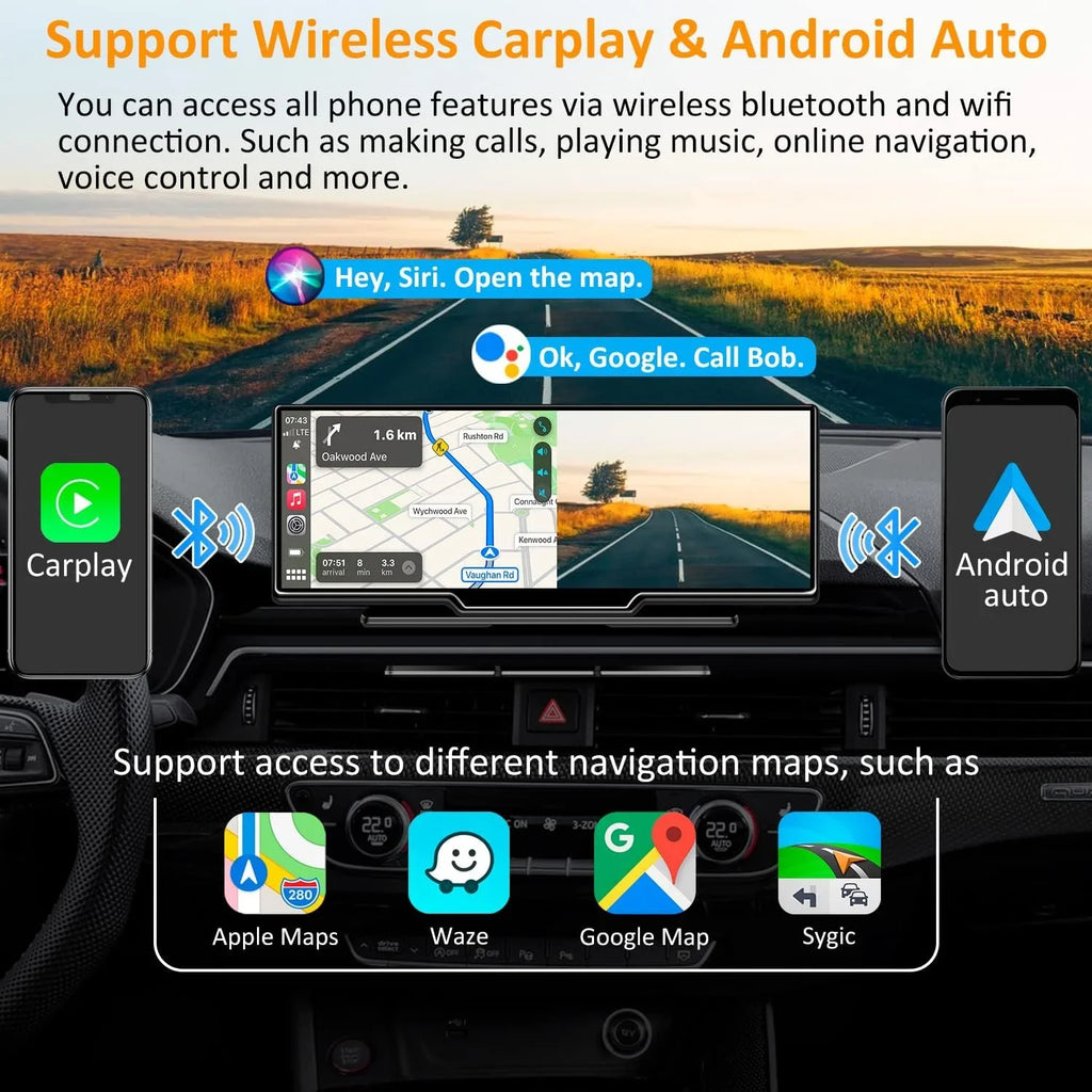 CAIHONG Portable Wireless Carplay Car Stereo with 2.5K Dash Cam - 9" HD IPS Screen, Android Auto, 1080p Backup Camera, Loop Recording, Bluetooth, GPS Navigation Head Unit, Car Radio Receiver