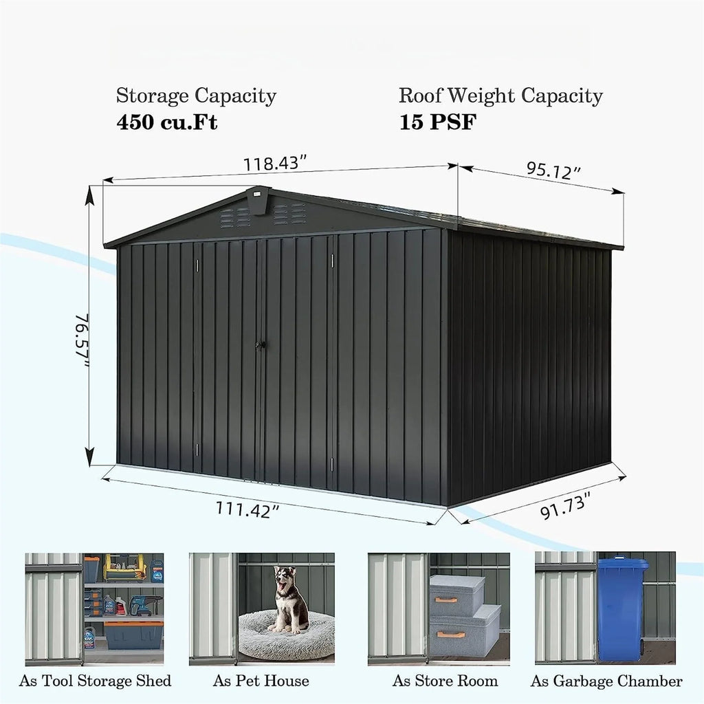 Stylish CoSoTower Outdoor Storage Shed 10'X 8', Metal Garden Shed for Bike, Trash Can, Tools, Galvanized Steel Outdoor Storage Cabinet with Lockable Door for Backyard, Patio, Lawn (10X8ft, Black)
