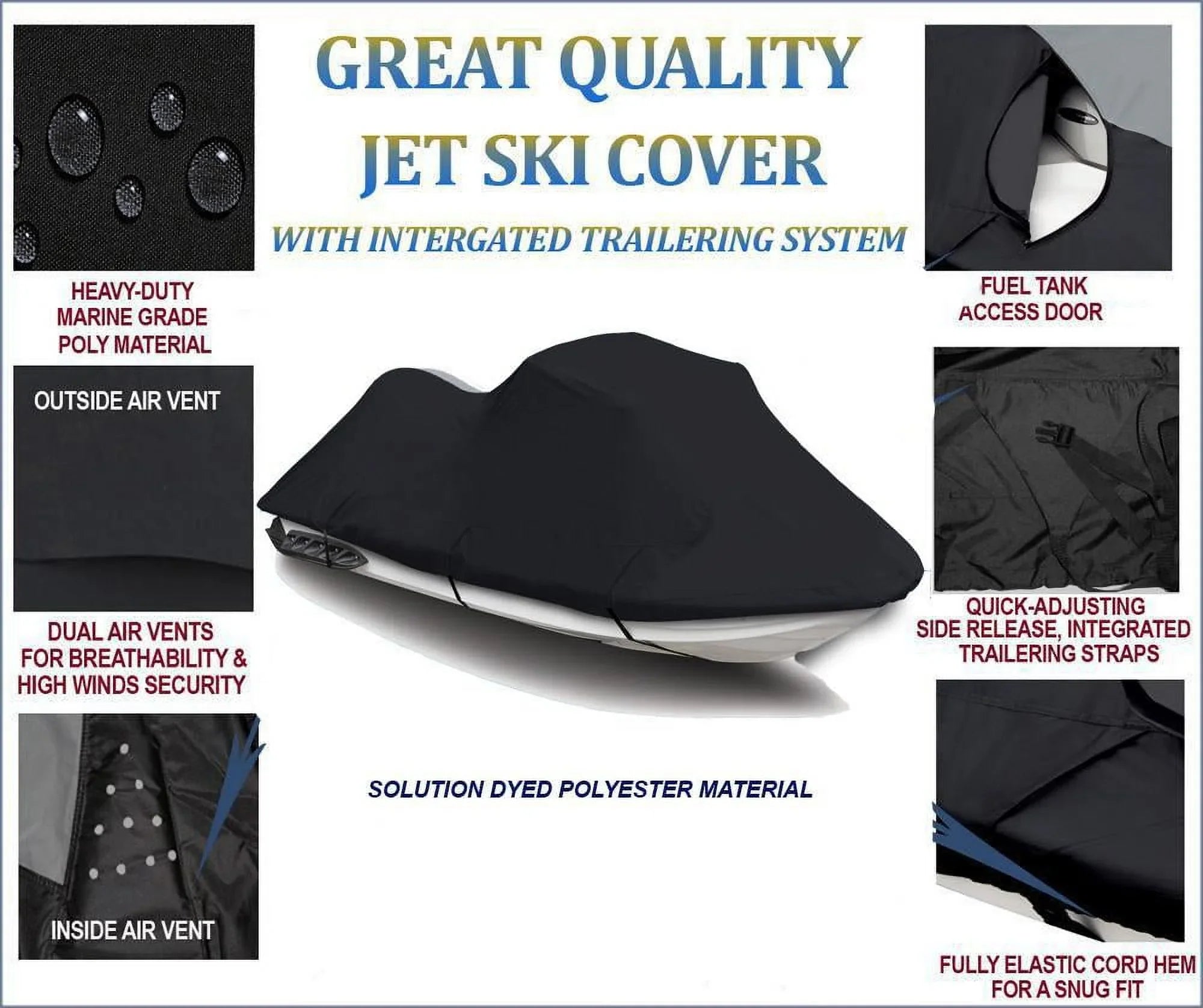 Stylish BLACK 600 DENIER JetSki Cover Compatible for Watercraft Jet Ski PWC Cover Sea Doo Sea-Doo Spark 3up 900 HO ACE 2014 2015 2017 2018 2019 2020 2021 2022 3 Seater