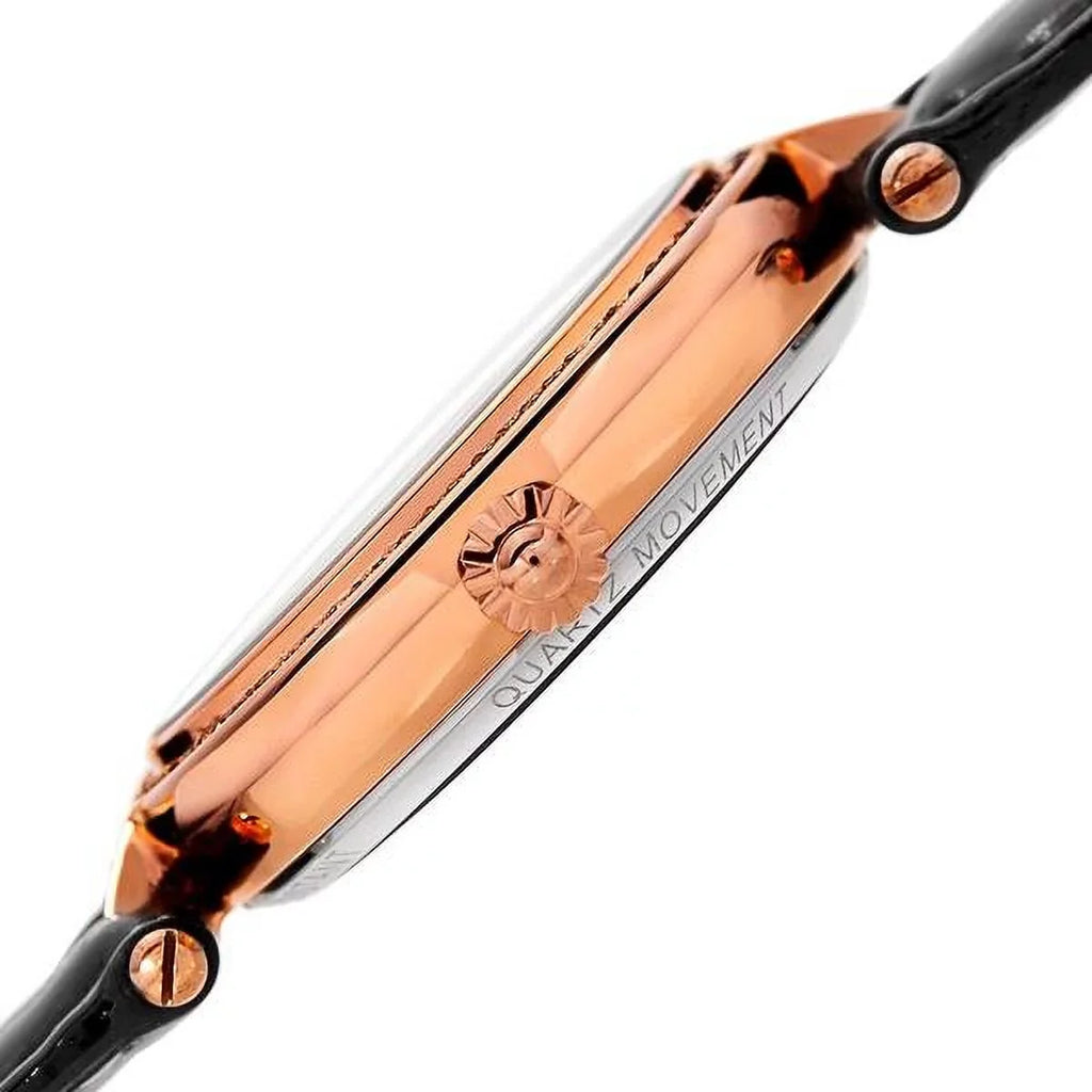 Women's BUR150BKR Rose Gold Quartz Watch with Swarovski Crystal Accents and See Thru Dial with Black Leather Strap