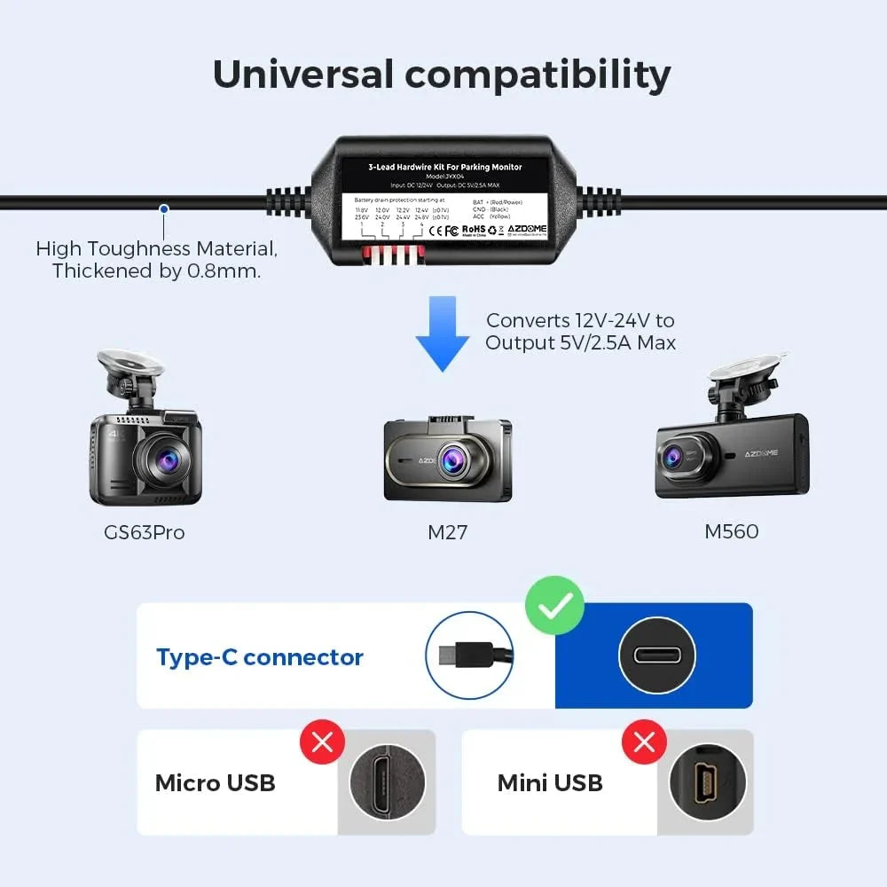 AZDOME JYX05 Dash Cam Hardwire Kit, USB Type C Hard Wire Kit for M27 M330 PG16S-3CH M580 M560-3CH PG19X Dashcam,
