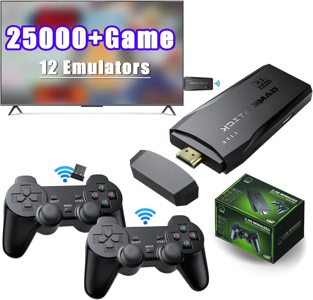 Stylish Game Stick 64G, 25,000+ Retro Games, Compatible with 12 Emulator Console, Wireless Retro Game Console Support 4K HD Output, Plug and Play Video Games for TV, 2.4G Wireless Controllers