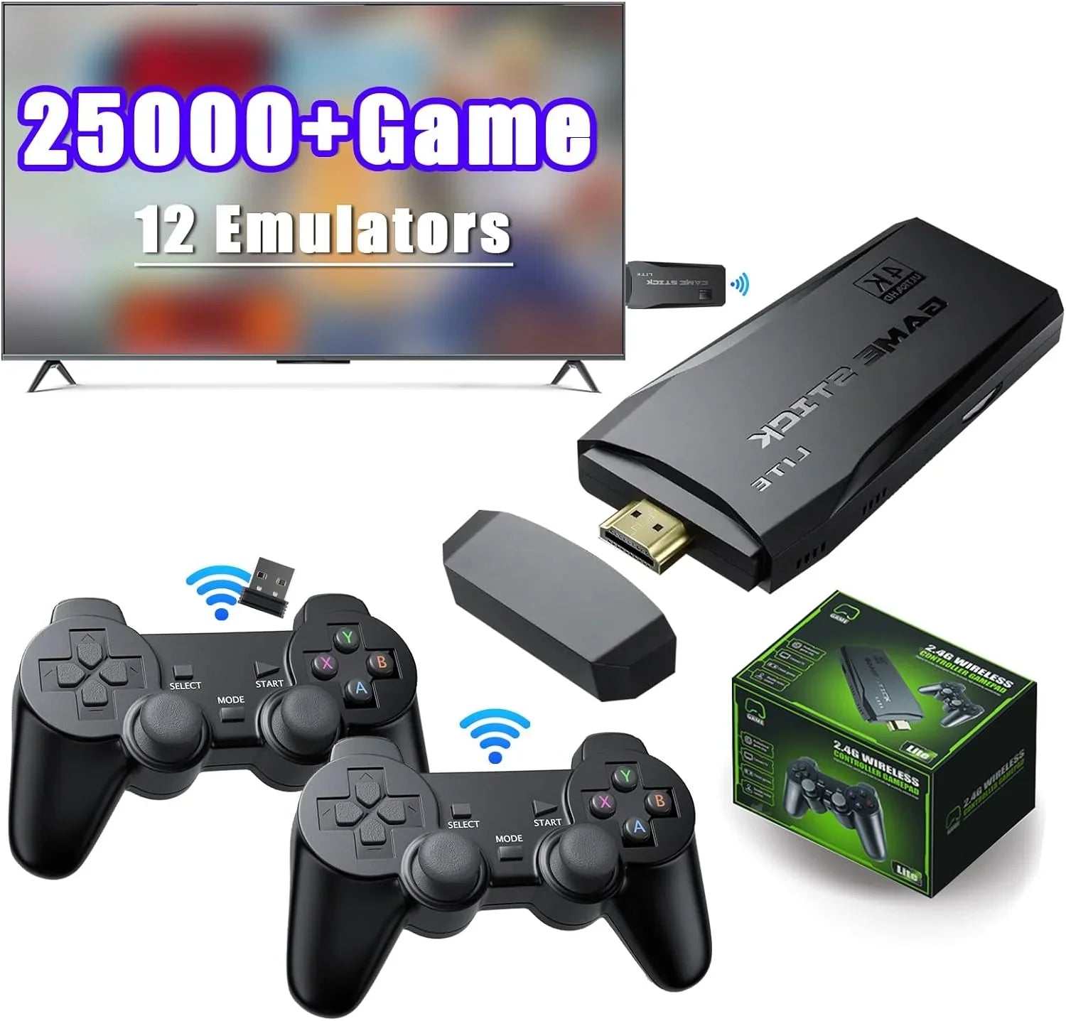 Stylish Game Stick 64G, 25,000+ Retro Games, Compatible with 12 Emulator Console, Wireless Retro Game Console Support 4K HD Output, Plug and Play Video Games for TV, 2.4G Wireless Controllers