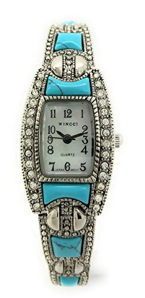 Ladies Square Stones Metal Link Bracelet Fashion Watch Pearl Dial Wincci (Silver Turquoise)