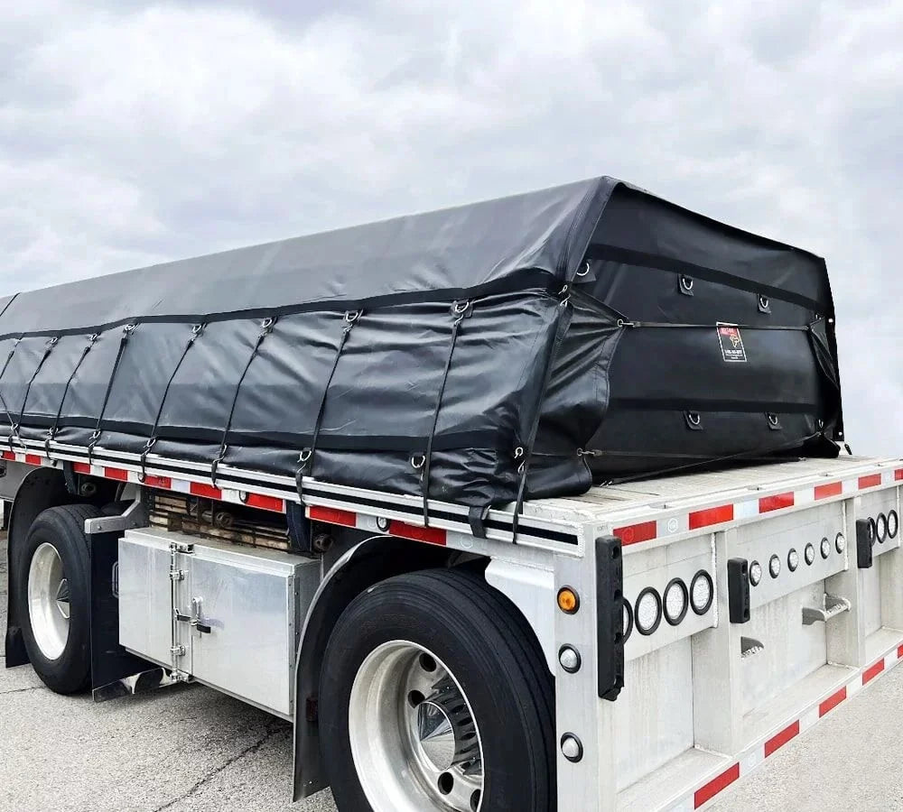 Stylish 24' x 18' 3 Piece Red/Black Lumber Tarp for Heavy Duty Truck Cargo - 18 Oz Vinly Flatbed Tarps with 8' Drop - Waterproof Tarp for Trailers to Protect Cargo from Wind, Rain, Snow and Sun