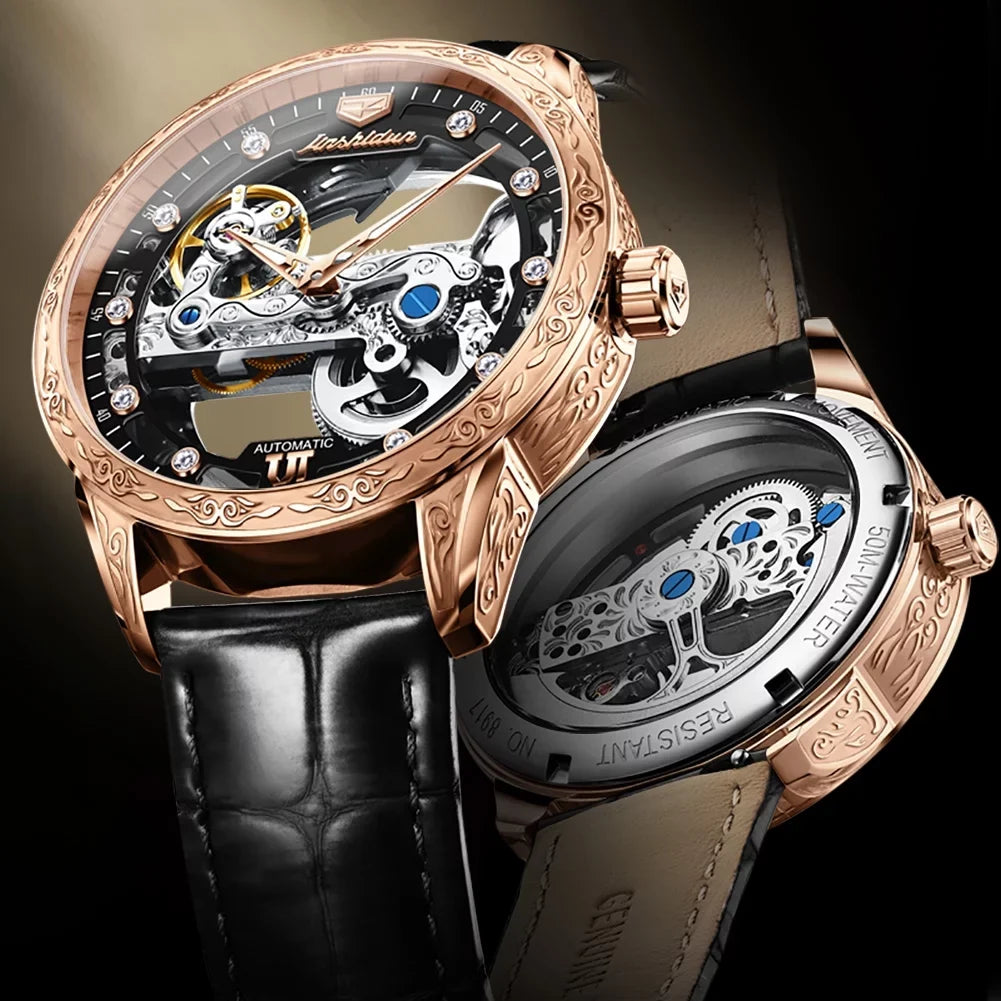 Men's Automatic Mechanical Transparent Skeleton Luminous Watch Rose Black