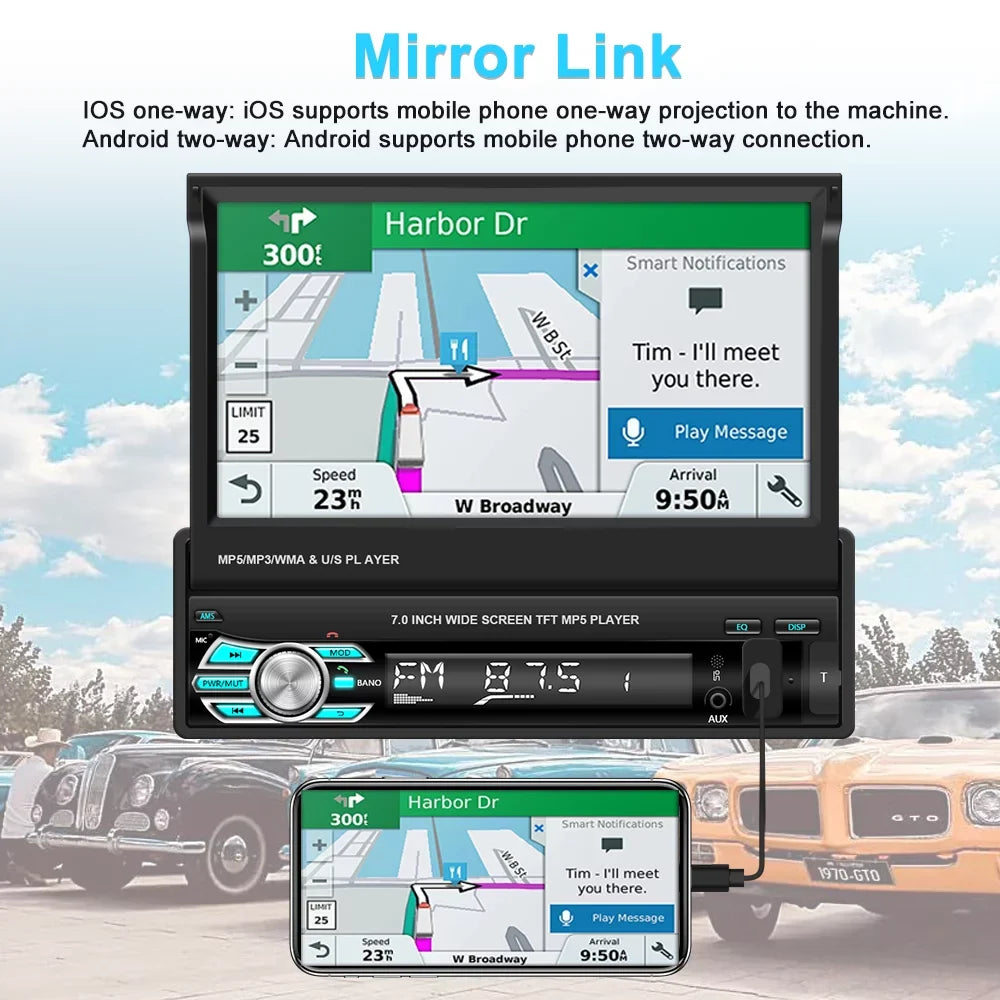 Podofo Universal Single 1 DIN 7" HD Touchscreen Retractable Car Stereo Radio Bluetooth Auto Apple Carplay Android Auto FM Video Player Mirror Link Function, with 12 LED Backup Camera