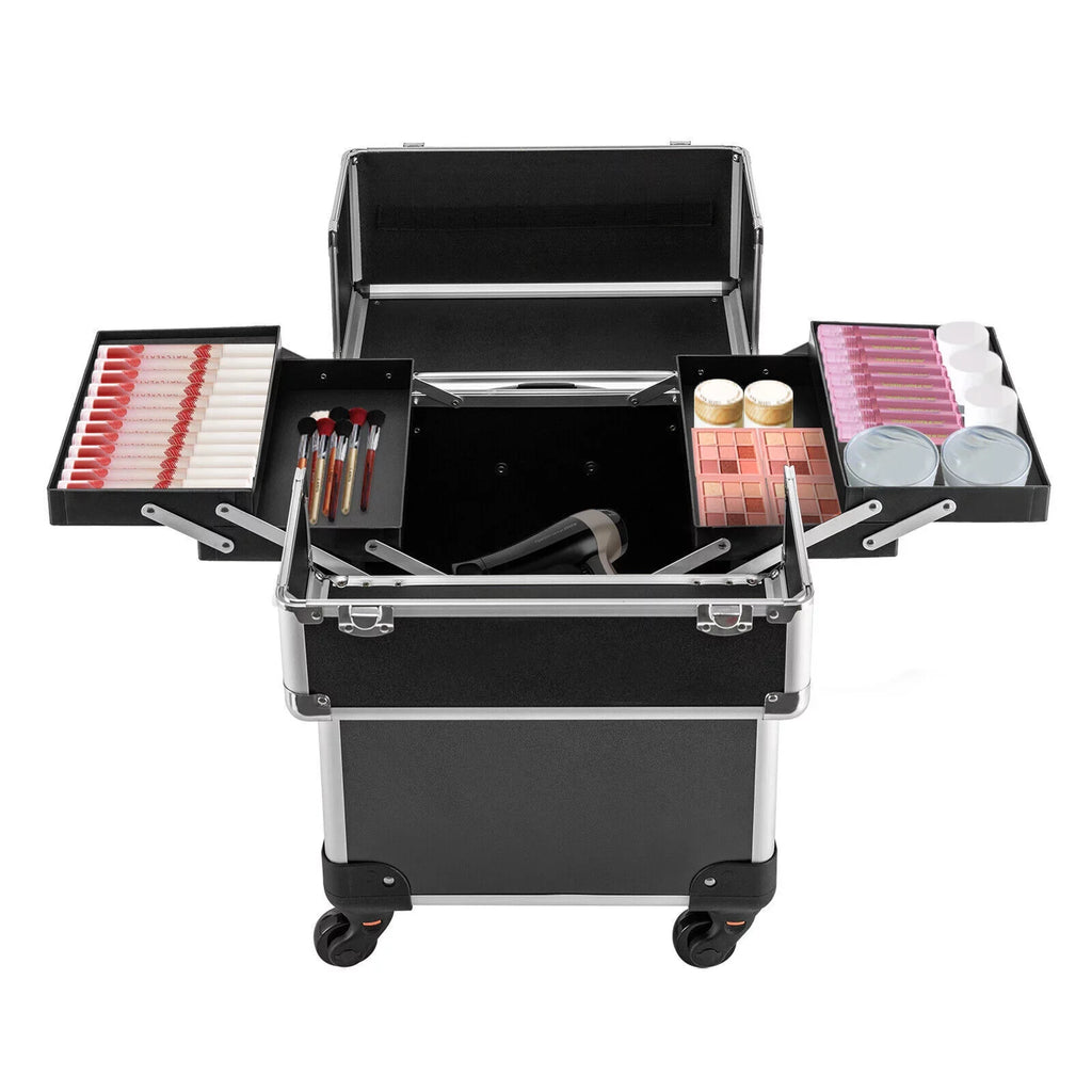 Stylish Rolling Lockable Makeup Train Case Hairdresser Trolley, Stylist Beauty Nail Salon Barber Case Cosmetic Luggage Travel Trunk Cart Organizer Tool Box with Swivel Wheels (Black)