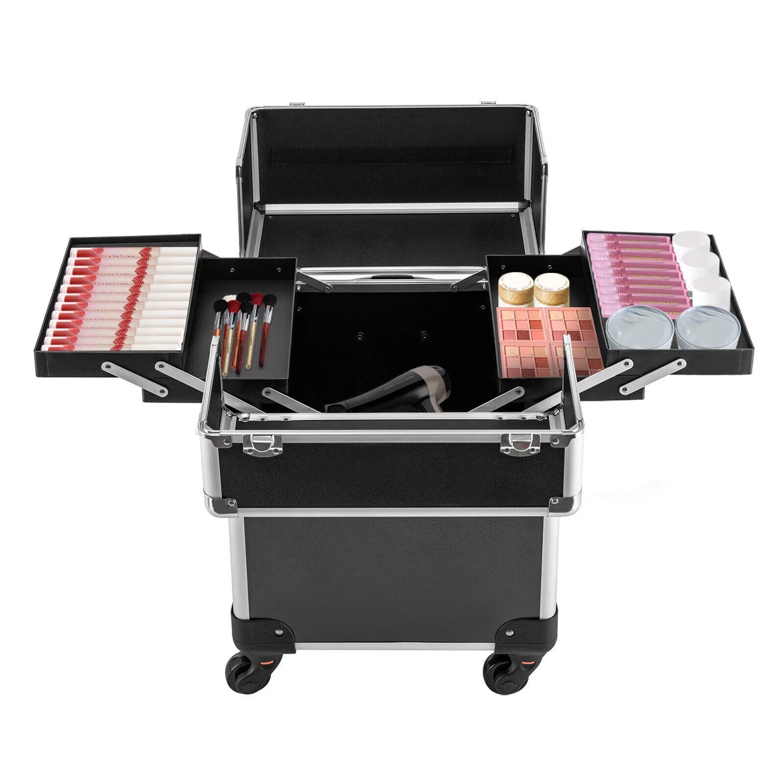 Stylish Rolling Lockable Makeup Train Case Hairdresser Trolley, Stylist Beauty Nail Salon Barber Case Cosmetic Luggage Travel Trunk Cart Organizer Tool Box with Swivel Wheels (Black)