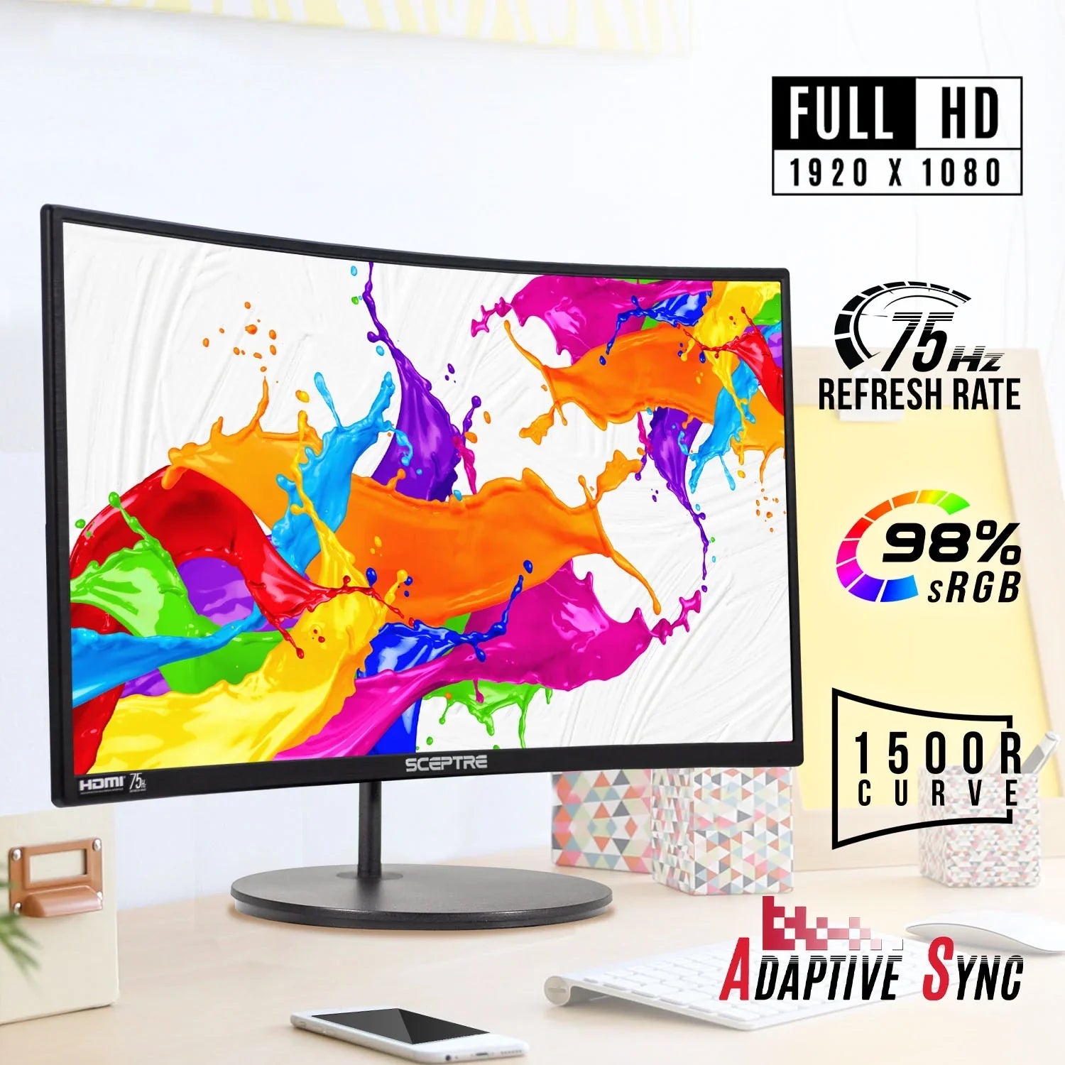 Sceptre C248W-1920R 24" Curved 75Hz Gaming LED Monitor Full HD 1080P HDMI DisplayPort VGA Speakers Ultra Thin Metal Black